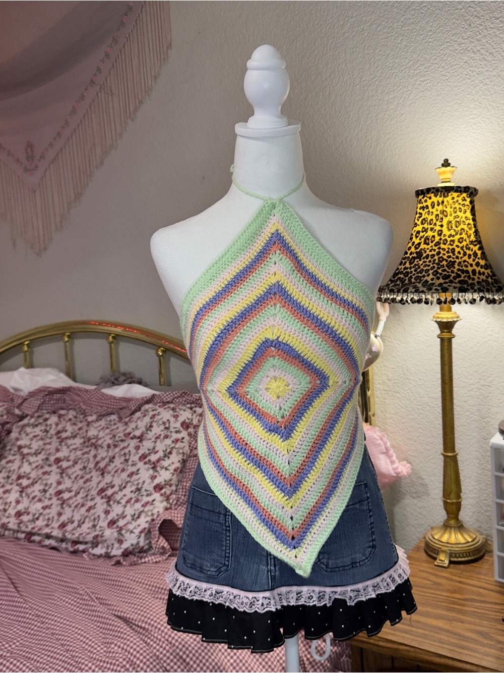 Pastel Multicolor Crochet Halter Camisole Top